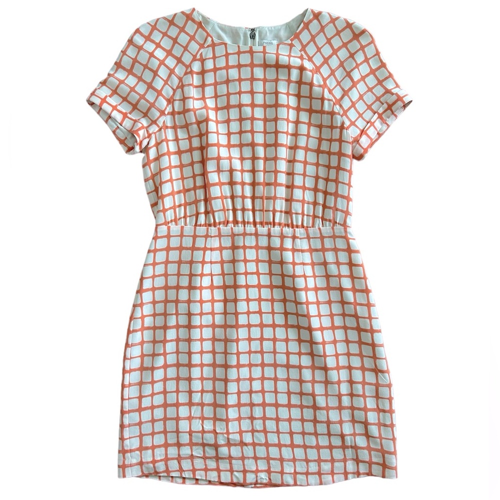 Fossil Orange 💯 Silk Peach Coral Windowpane Short Sleeve Dress